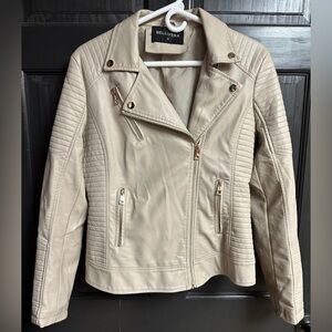 Bellivera Beige Faux Leather Moto Jacket Asymmetric Front Full Zip Women’s Sz M